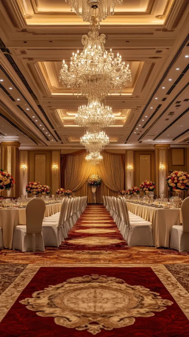 Salle de réception dressée sous des lustres en cristal, compositions florales sur les tables